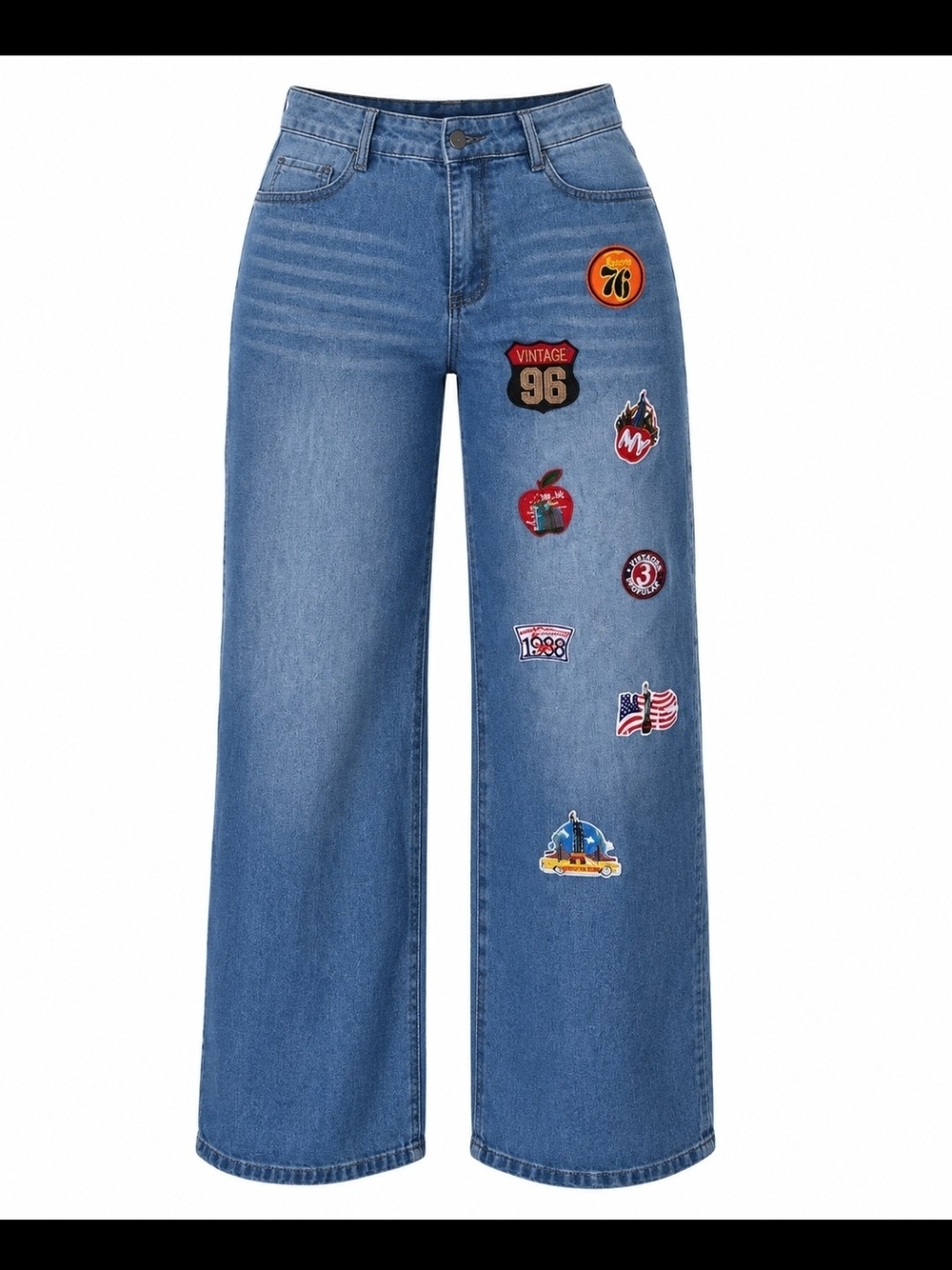Nyc Custome Patch-Embellished Wide Leg Women’s Jeans - Blue